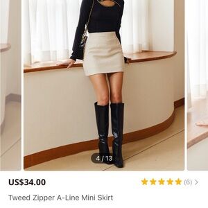 Commense Cream Tweed Zipper A-Line Mini Skirt